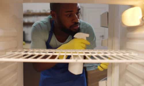 persona disinfetta con specifico prodotto l'interno di un frigorifero